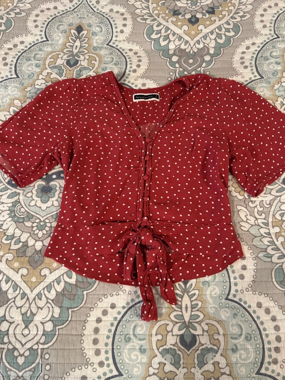 Abercrombie & Fitch Red Polka Dot Tie-Front Top
